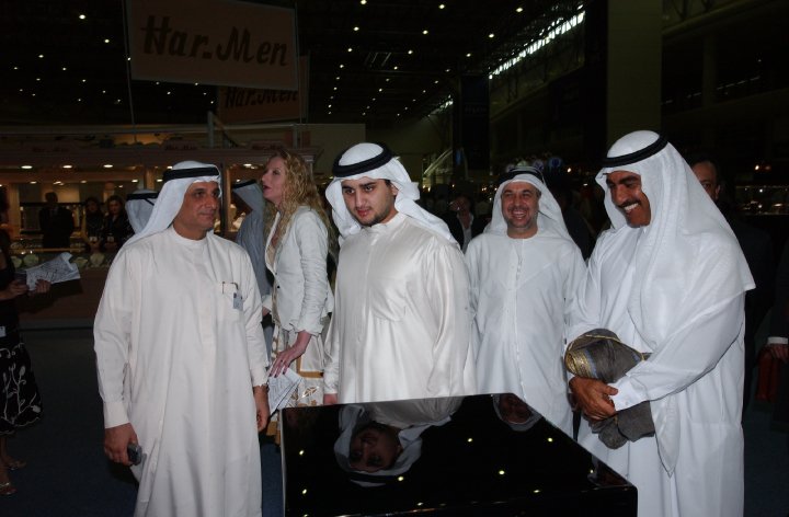 The son of H.H. Sheik Mohammed bin Rashid al Maktoum and Billionairs friends Tawhid Abdulla and Bin Hendi visit Madame Sabine Balve at the Exhibitions stand in Dubai, UAE